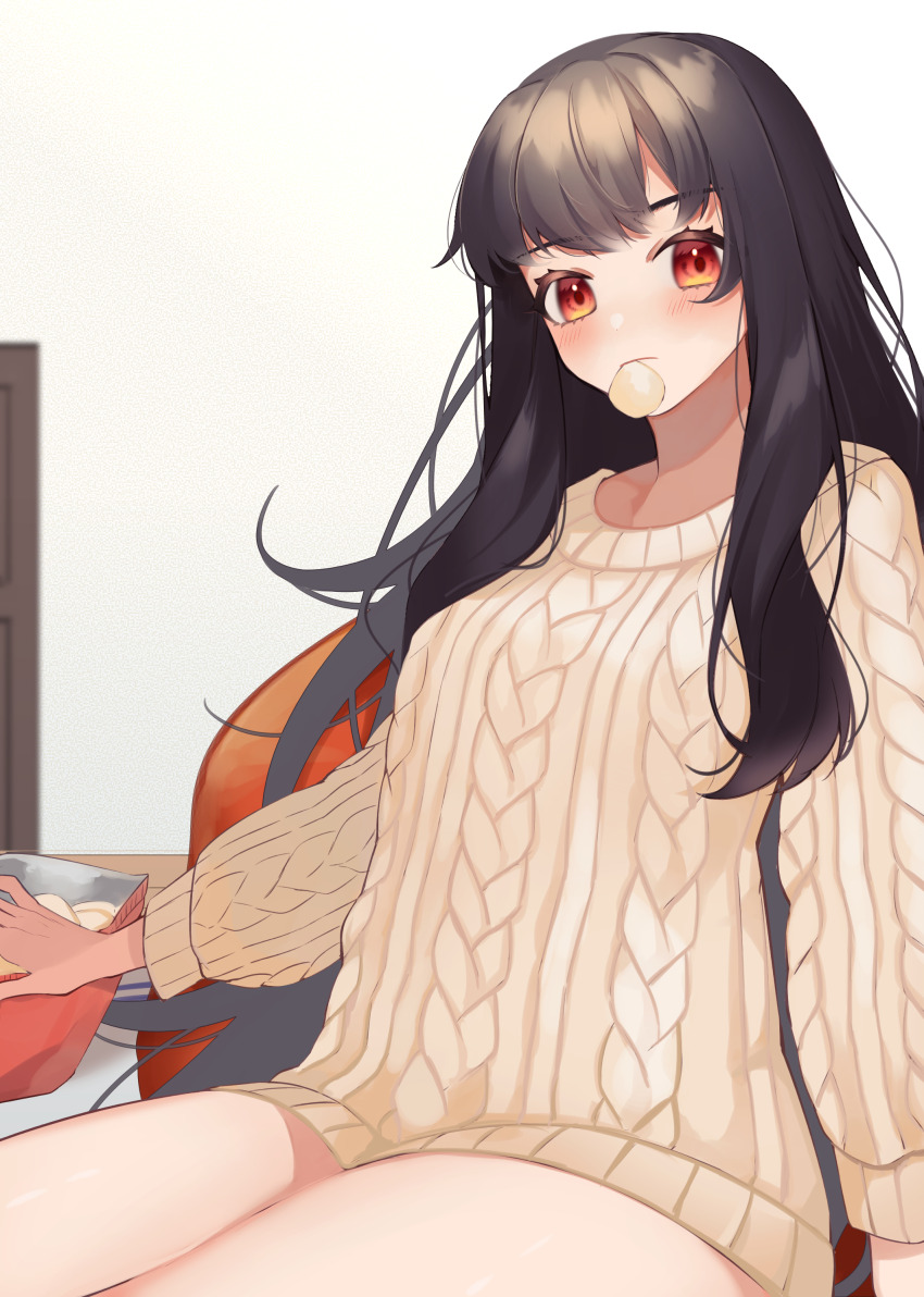 1girl, absurdres, brown_hair, chips_(food), food, hair_down, highres, library_of_ruina