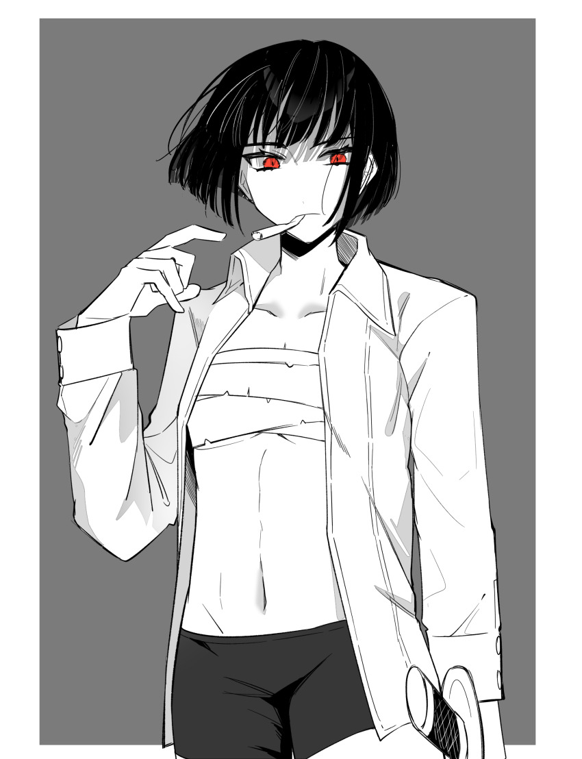 1girl, absurdres, black_hair, black_shorts, bob_cut, chest_sarashi, cigarette, closed_mouth, collared_shirt, cowboy_shot, highres, holding, holding_sword, holding_weapon, jacket, limbus_company, long_sleeves, looking_at_viewer, navel, open_clothes, open_shirt, project_moon, red_eyes, ryoshu_(project_moon), sarashi, shirt, short_hair, shorts, solo, sword, touu_yaiba, weapon, white_jacket