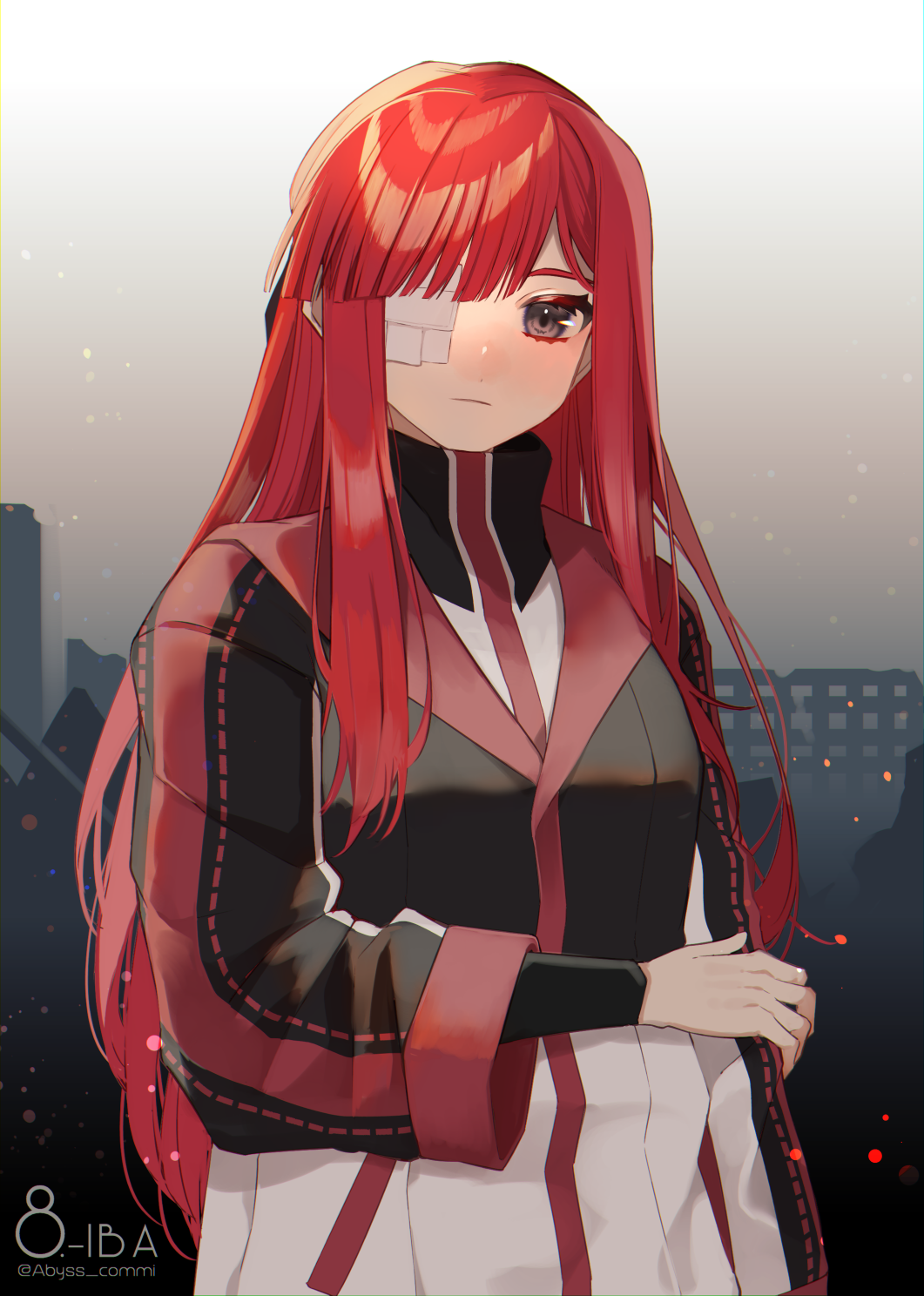 1girl, black_eyes, black_jacket, closed_mouth, expressionless, gauze, gauze_over_eye, grey_sky