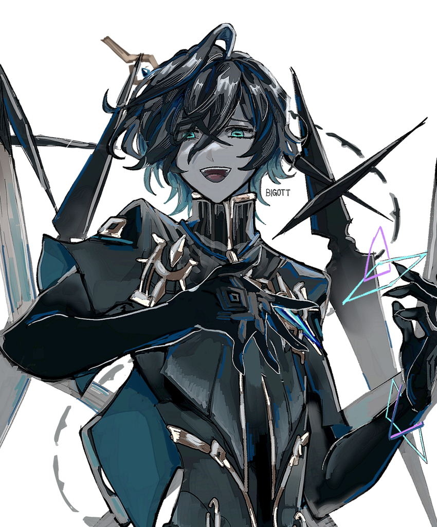 1boy, ahoge, ainchase_ishmael, aqua_eyes, opferung_(elsword), black_coat, black_gloves, black_hair