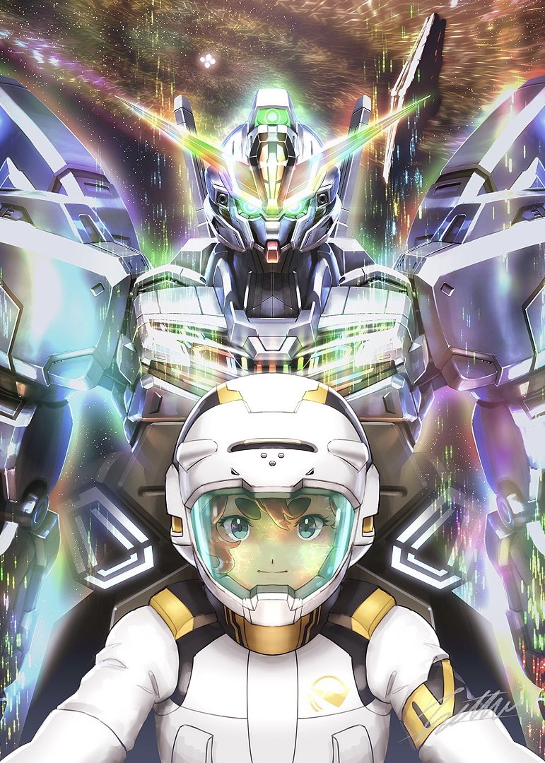 1girl, blue_eyes, commentary, glowing, glowing_eyes, green_eyes, gundam, gundam_calibarn