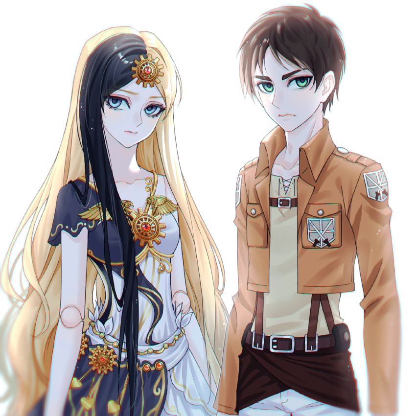 1boy, 1girl, bai_guangying_(ye_luoli), belt, black_dress, black_hair, blonde_hair, blue_eyes