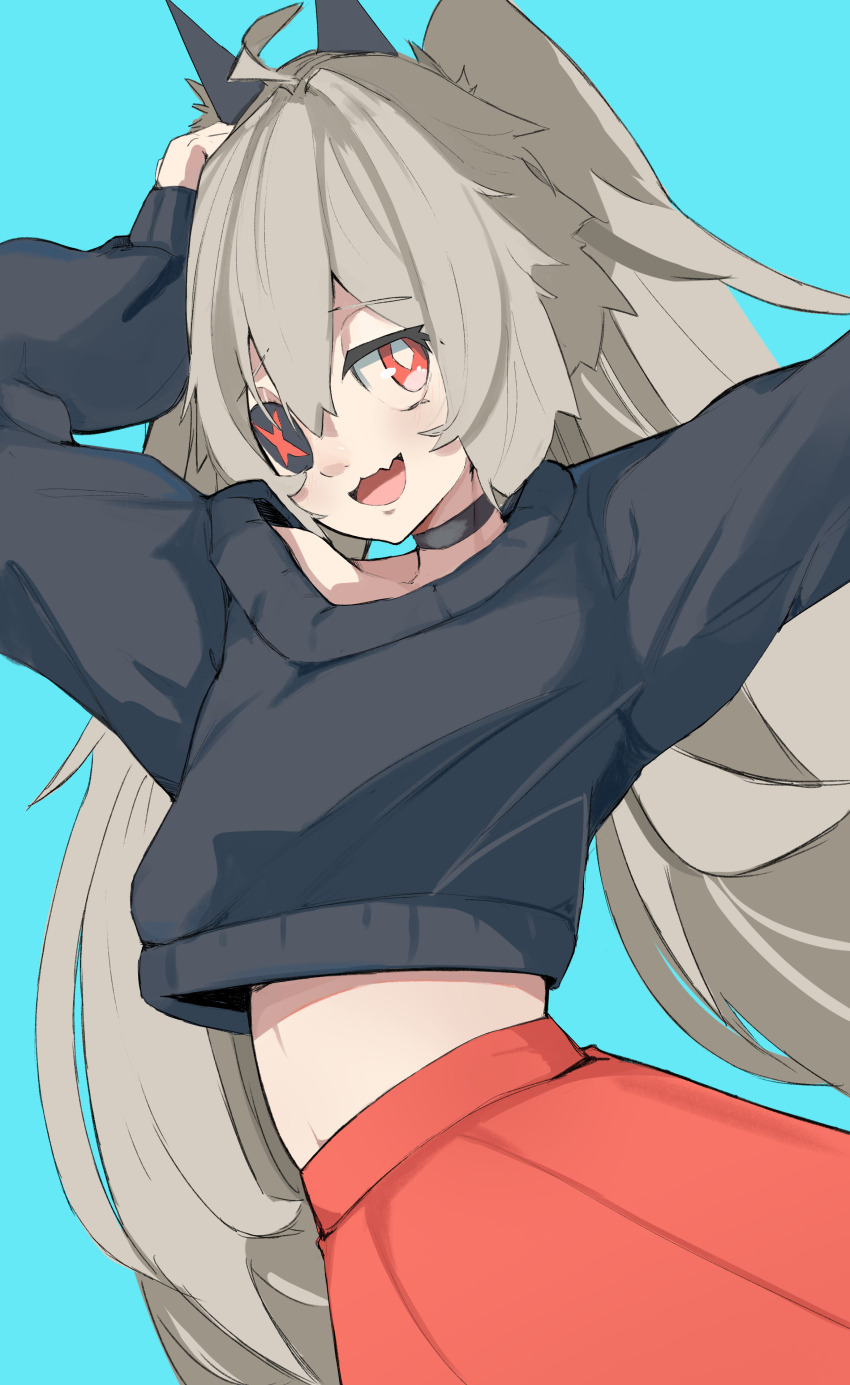 1girl, ;d, absurdres, ahoge, aqua_background, black_collar, black_sweater, blush