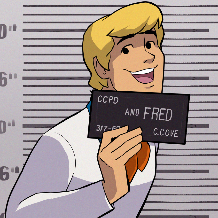 1boy, ascot, barbie_(franchise), barbie_(live_action), barbie_mugshot_(meme), beth_turnsek, blonde_hair, card, character_name, english_text, fred_jones, height_chart, height_mark, holding, holding_card, holding_sign, looking_at_viewer, male_focus, meme, mugshot, orange_hair, scooby-doo_(series), short_hair, sign, solo, teeth, turtleneck, upper_teeth_only