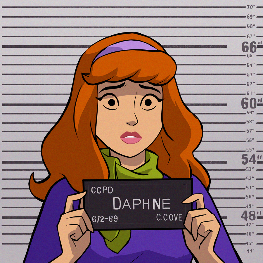 1girl, barbie_(franchise), barbie_(live_action), barbie_mugshot_(meme), beth_turnsek, card, character_name, daphne_blake, english_text, hairband, height_chart, height_mark, holding, holding_card, holding_sign, looking_at_viewer, meme, mugshot, orange_hair, prisoner, purple_hairband, scooby-doo_(series), sign, solo, teeth, upper_body, worried