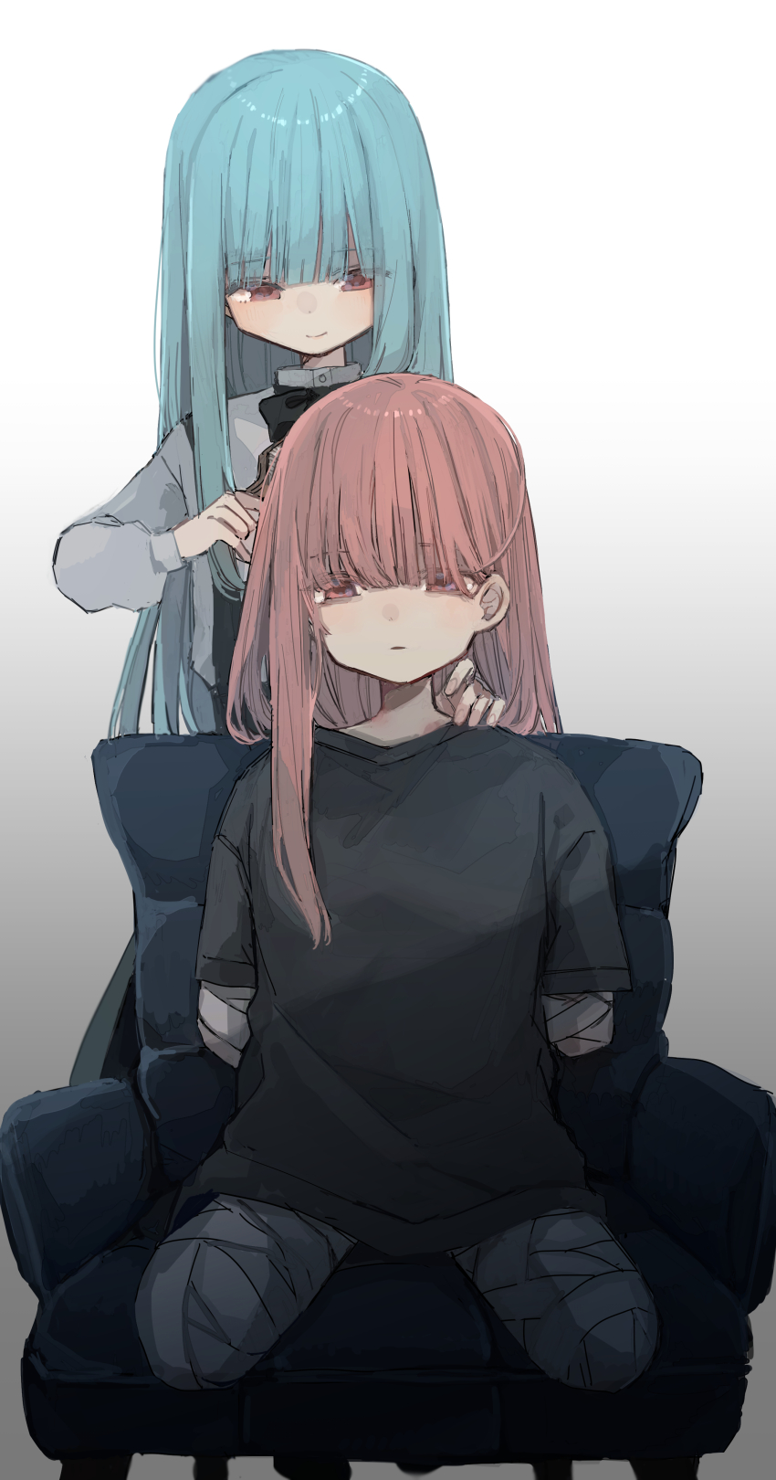 2girls, absurdres, amputee, armchair, bags_under_eyes, bandaged_arm, bandaged_leg, bandages, behind_another, black_bow, black_bowtie, black_shirt, blank_stare, blue_hair, bow, bowtie, brushing_another's_hair, brushing_hair, chair, commentary_request, commission, expressionless, grey_shirt, hand_on_another's_shoulder, highres, kotonoha_akane, kotonoha_aoi, long_hair, long_sleeves, looking_ahead, looking_at_another, multiple_girls, on_chair, parted_lips, pink_eyes, pink_hair, quadruple_amputee, sayonaka_megumo, shirt, short_sleeves, siblings, single_sidelock, sisters, sitting, skeb_commission, smile, standing, suspenders, t-shirt, voiceroid