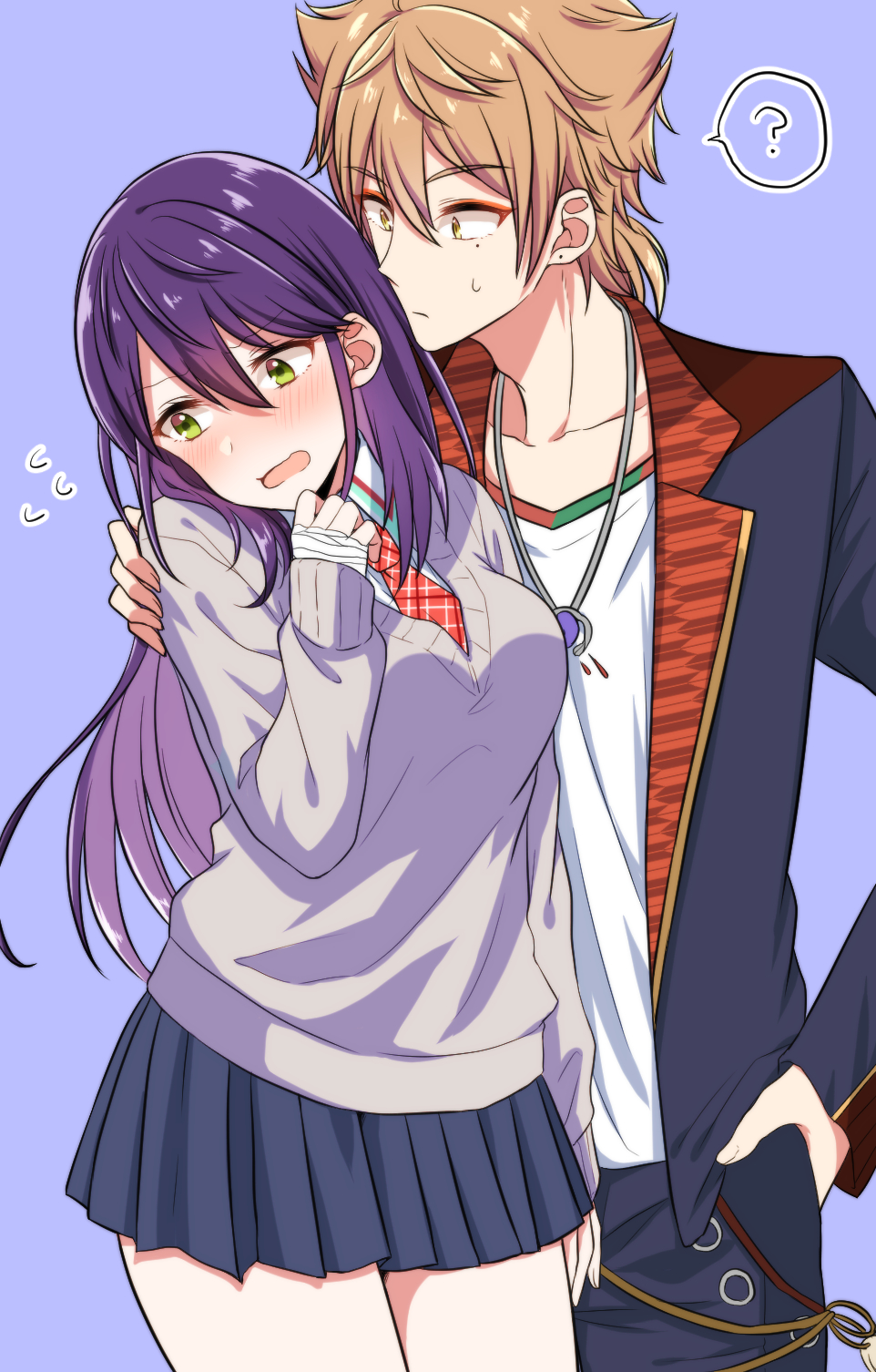 1boy, 1girl, ?, averting_eyes, bandaged_hand, bandages, black_jacket, black_skirt