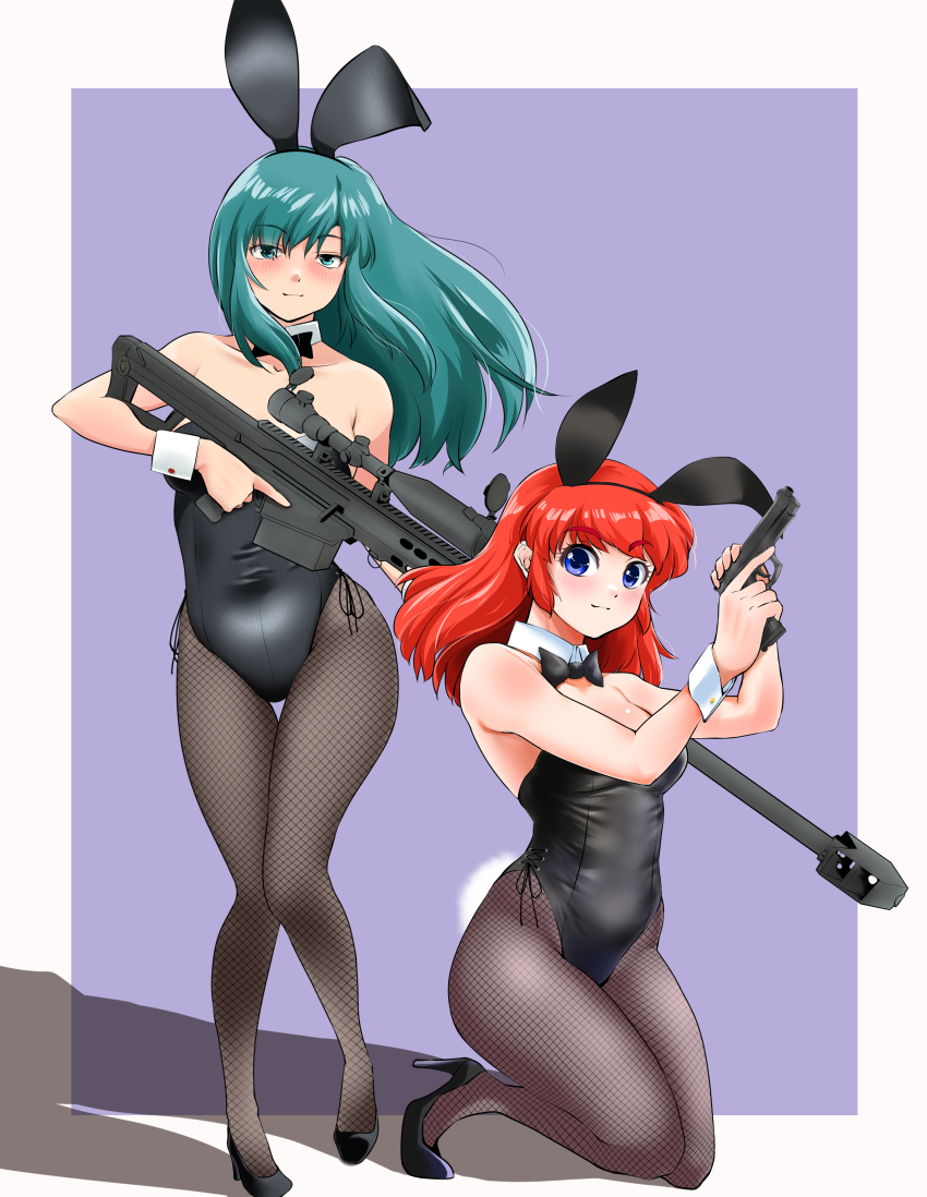 2girls, absurdres, animal_ears, anti-materiel_rifle, bare_arms, bare_shoulders, barrett_m82, beretta_92, black_bow, black_bowtie, black_leotard, black_pantyhose, blue_eyes, bow, bowtie, breasts, commentary_request, detached_collar, fake_animal_ears, fishnet_pantyhose, fishnets, full_body, green_eyes, green_hair, gun, handgun, highres, iris_(layla), layla_(character), layla_(game), leotard, long_hair, medium_breasts, multiple_girls, nanao_futaba, pantyhose, pistol, playboy_bunny, rabbit_ears, rabbit_tail, red_hair, rifle, scope, sniper_rifle, strap_slip, strapless, strapless_leotard, tail, thigh_gap, trigger_discipline, weapon, weapon_request, wrist_cuffs