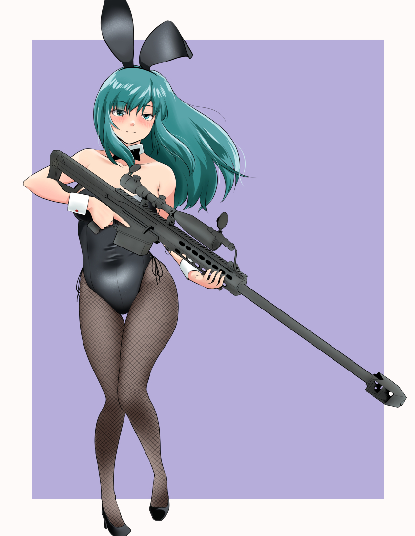 1girl, absurdres, animal_ears, anti-materiel_rifle, barrett_m82, black_bow, black_bowtie, black_leotard