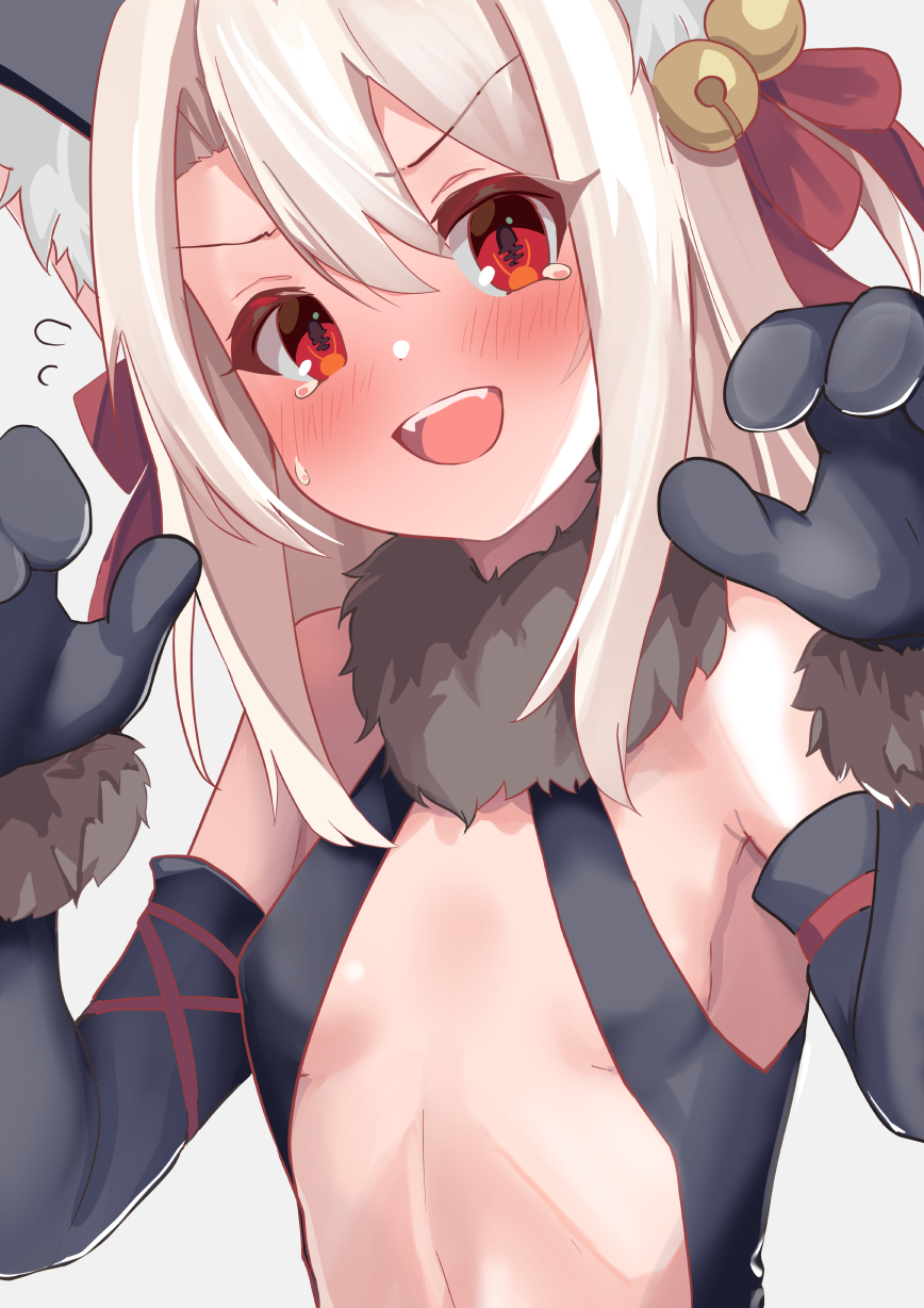 1girl, animal_ear_fluff, animal_ears, animal_hands, bare_shoulders, bell, black_gloves, black_leotard