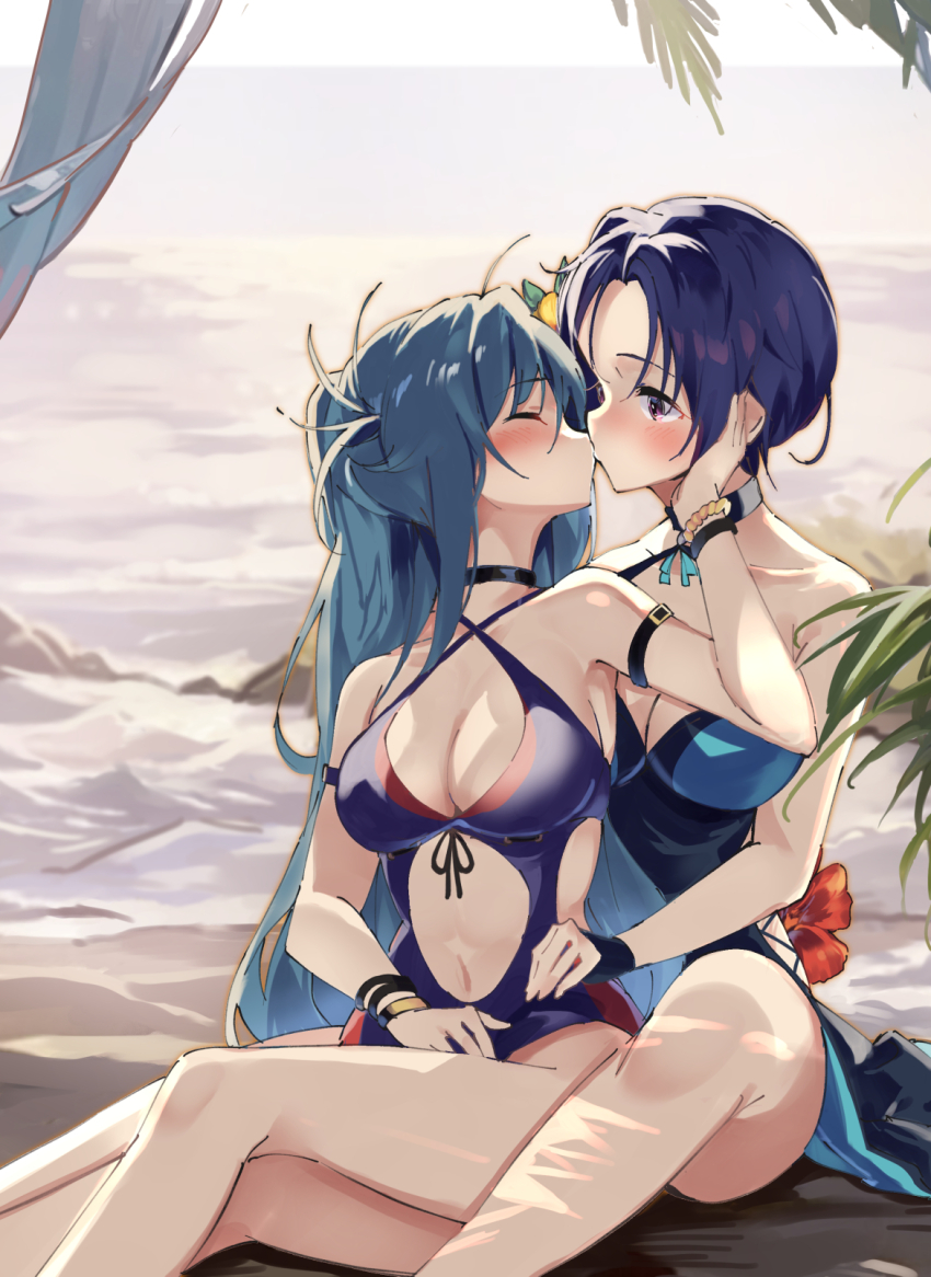 2girls, bare_arms, bare_shoulders, blue_hair, blue_one-piece_swimsuit, blush, breasts, casual_one-piece_swimsuit, cleavage, closed_eyes, clothing_cutout, commentary_request, criss-cross_halter, feet_out_of_frame, fire_emblem, fire_emblem:_three_houses, fire_emblem_heroes, flower, forehead, halterneck, hand_up, highres, horizon, kiss, kurono_kiria, lamb_(hitsujiniku), long_hair, medium_breasts, multiple_girls, navel, navel_cutout, nintendo, ocean, one-piece_swimsuit, parted_bangs, purple_eyes, red_flower, shamir_nevrand, shamir_nevrand_(summer), sitting, swimsuit, tokyo_mirage_sessions_fe, very_long_hair, water, yuri