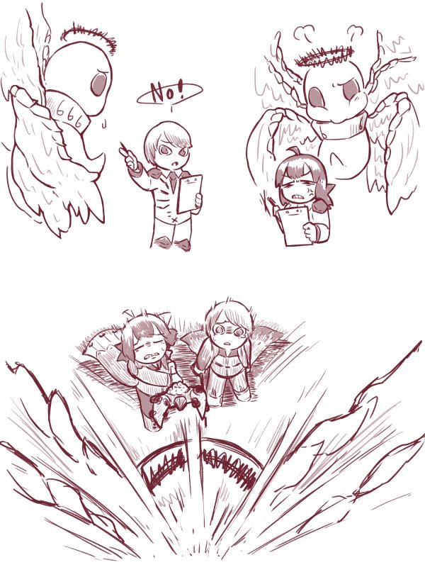 2others, 666, ahoge, angel_wings, anger_vein, armor, attack, blunt_bangs