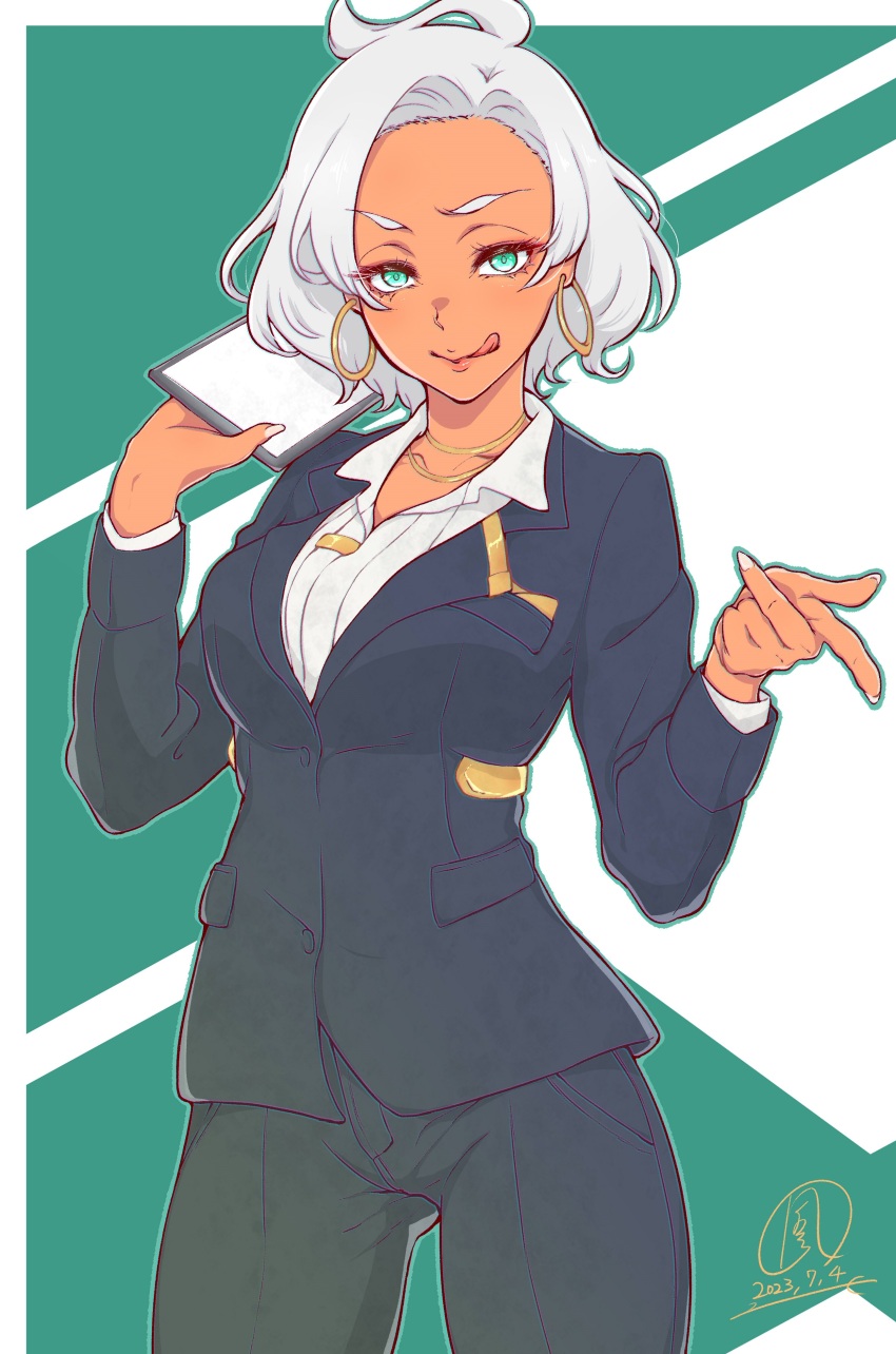 1girl, absurdres, ahoge, cowboy_shot, earrings, fingernails, formal_clothes, green_background