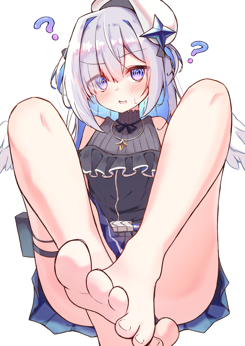 1girl, ?, @_@, absurdres, amane_kanata, amane_kanata_(work), bare_shoulders, barefoot