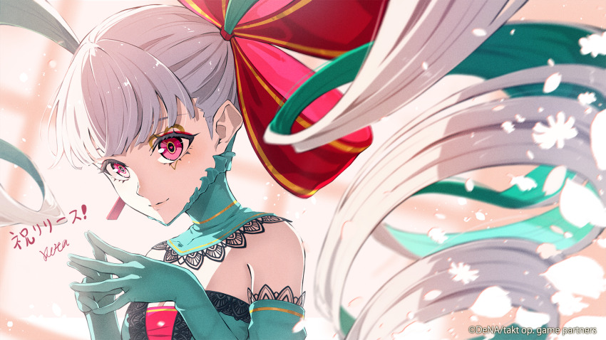 1girl, artist_name, bare_shoulders, blunt_bangs, bow, breasts, cleavage, closed_mouth