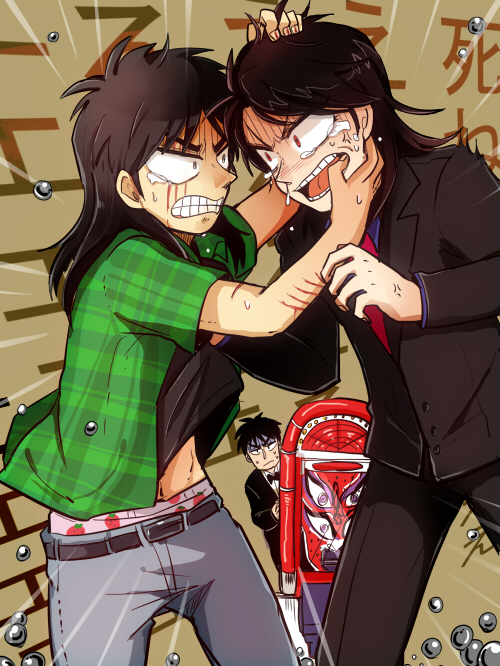 3boys, angry, belt, black_belt, black_hair, black_jacket, black_pants, black_shirt, blazer, blood, brown_hair, clenched_teeth, closed_mouth, commentary_request, cowboy_shot, crying, crying_with_eyes_open, fighting, finger_in_another's_mouth, fingernails, food_print, formal_clothes, frown, fruit_print, gloom_(expression), green_shirt, grey_pants, hand_in_another's_hair, ichijou_seiya, itou_kaiji, jacket, tobaku_mokushiroku_kaiji, long_hair, looking_at_another, male_focus, morota, multiple_boys, murakami_tamotsu, necktie, open_clothes, open_mouth, open_shirt, pachinko, pachinko_ball, panties, pants, print_panties, purple_shirt, red_eyes, red_necktie, scratches, shirt, short_hair, strawberry_panties, strawberry_print, suit, tears, teeth, underwear, v-shaped_eyebrows