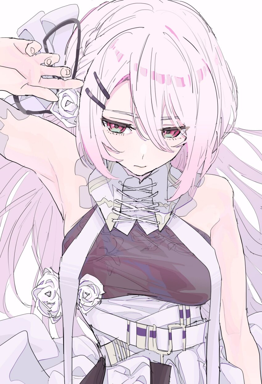 1girl, alternate_costume, arm_up, armpits, belt, black_ribbon, breasts, check_commentary