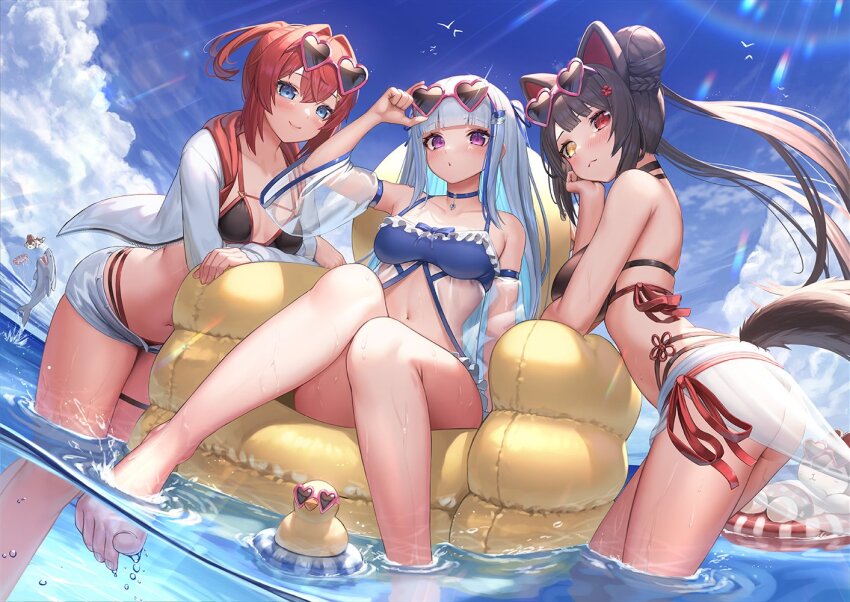 3girls, ange_katrina, animal_ears, ass, baby_animal, bare_legs, barefoot, bikini