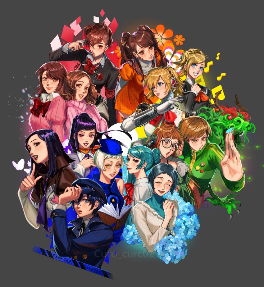 6+girls, absurdres, aigis_(persona), armband, artist_name, blonde_hair, blue_eyes, blue_hair