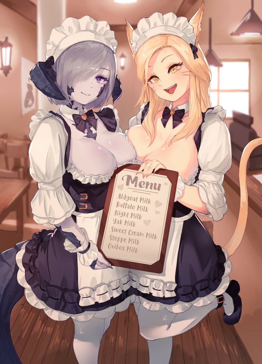 2girls, animal_ears, apron, au_ra, blonde_hair, blurry, blurry_background, bow