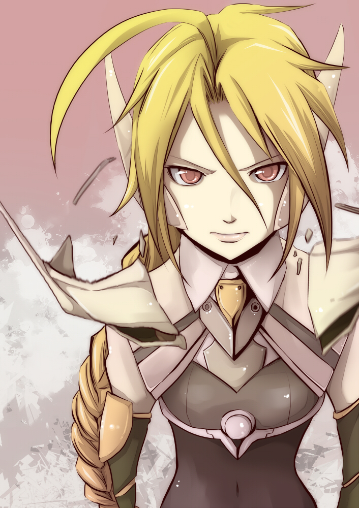 1girl, ahoge, arc_system_works, blazblue, blonde_hair, bodysuit, braid, artistic_error