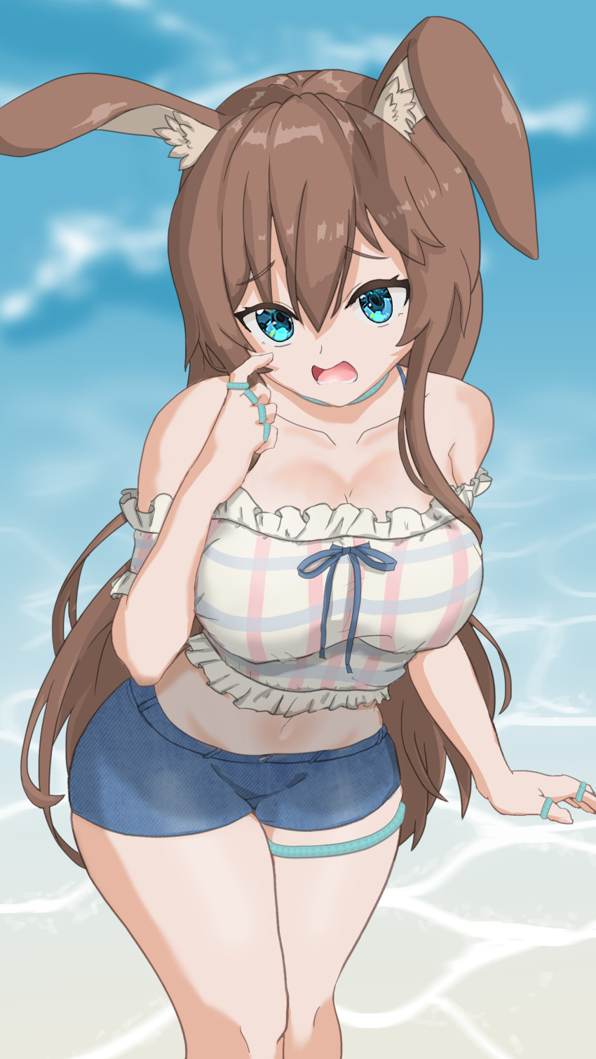 1girl, absurdres, amiya_(arknights), animal_ears, arknights, bare_shoulders, blue_background, blue_eyes, blue_shorts, breasts, brown_hair, feet_out_of_frame, hair_between_eyes, hair_down, highres, jewelry, large_breasts, long_hair, looking_at_viewer, midriff, multiple_rings, navel, neck_ring, off-shoulder_shirt, off_shoulder, open_mouth, pointing, pointing_at_another, rabbit_ears, rabbit_girl, redash, ring, shirt, short_shorts, short_sleeves, shorts, solo, swimsuit, teeth, thighlet, thighs, very_long_hair, white_shirt