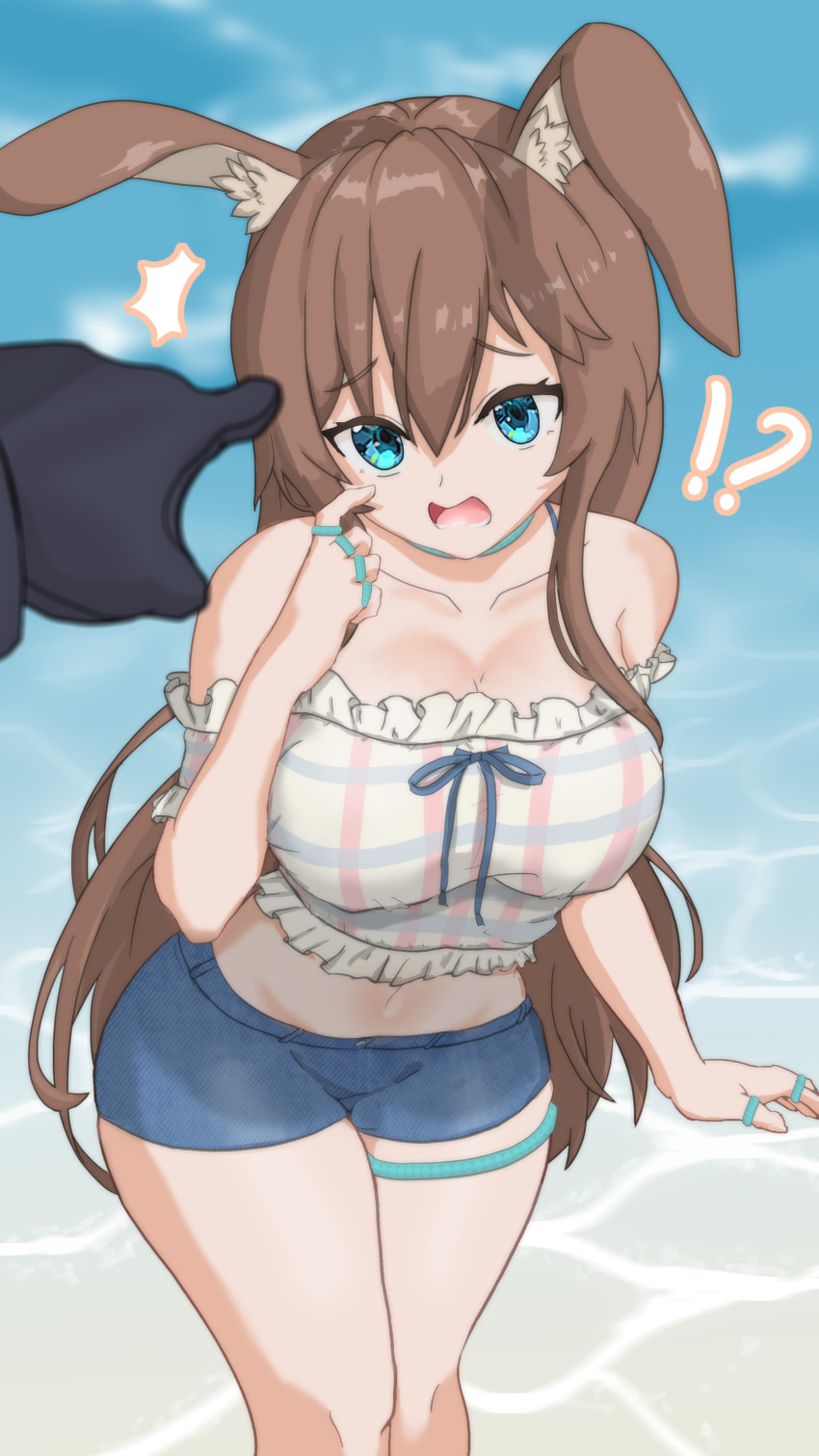 !?, 1girl, absurdres, amiya_(arknights), animal_ears, arknights, bare_shoulders, blue_background, blue_eyes, blue_shorts, breasts, brown_hair, feet_out_of_frame, hair_between_eyes, hair_down, highres, jewelry, large_breasts, long_hair, looking_at_viewer, midriff, multiple_rings, navel, neck_ring, off-shoulder_shirt, off_shoulder, open_mouth, pointing, pointing_at_another, pov, pov_hands, rabbit_ears, rabbit_girl, redash, ring, shirt, short_shorts, short_sleeves, shorts, solo_focus, swimsuit, teeth, thighlet, thighs, very_long_hair, white_shirt