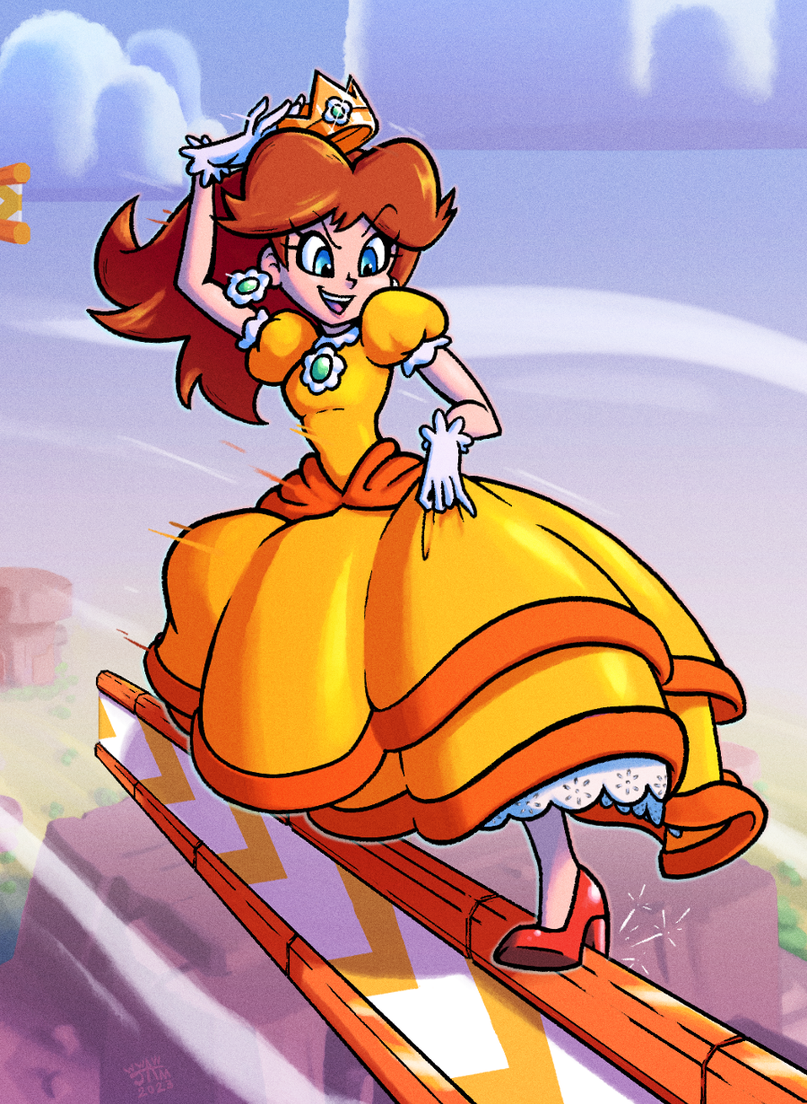 1girl, :d, artist_name, blue_eyes, breasts, brooch, brown_hair, cliff