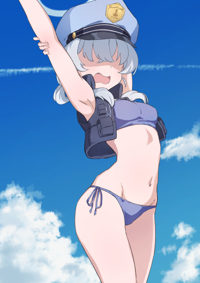 1girl, arm_up, arms_up, bare_arms, bare_shoulders, bikini, blue_archive, blue_bikini