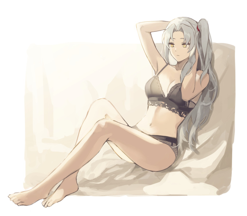 1girl, angela_(project_moon), ap5ry, arms_up, black_bra, black_panties, blue_hair, bra