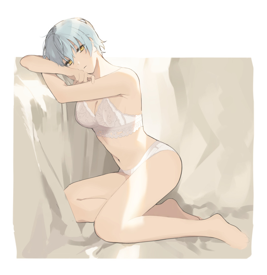 1girl, angela_(project_moon), ap5ry, blue_hair, bra, breasts, closed_mouth, head_rest, head_tilt, highres, library_of_ruina, medium_breasts, panties, project_moon, short_hair, simple_background, sitting, solo, underwear, underwear_only, white_background, white_bra, white_panties, yellow_eyes, yokozuwari