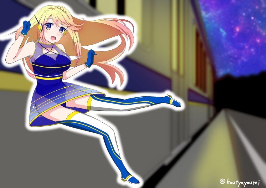 1girl, absurdres, blue_leotard, breasts, highres, kozuya_spica, large_breasts, leotard