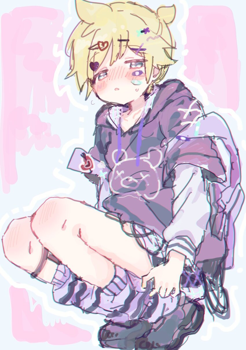 1boy, androgynous, bandaid, bandaid_on_cheek, bandaid_on_face, black_footwear, black_socks, blonde_hair
