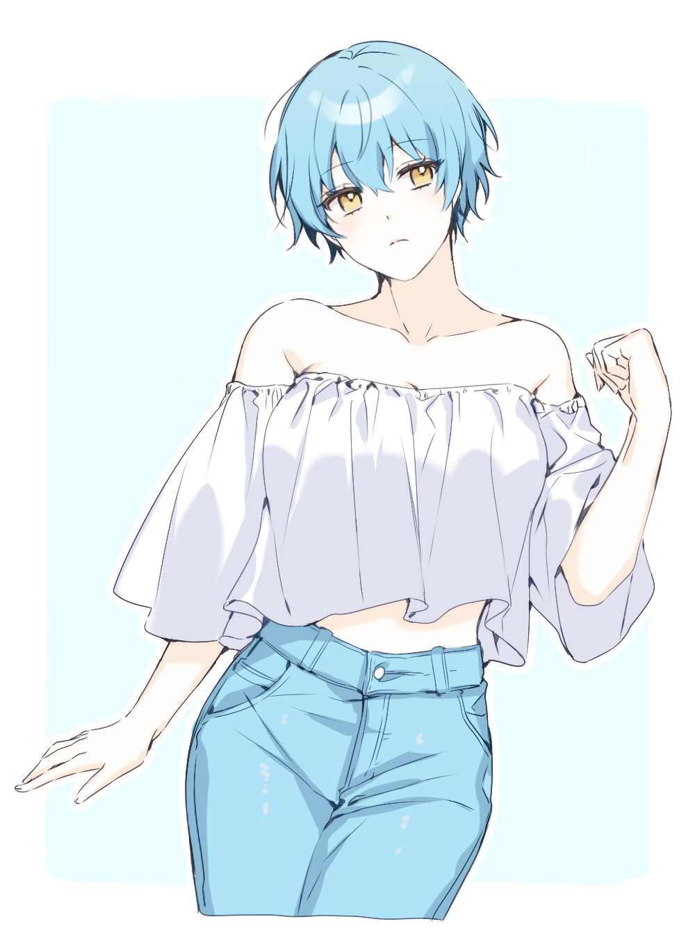 1girl, angela_(project_moon), ap5ry, bare_shoulders, blue_background, blue_hair, blue_pants, blue_theme