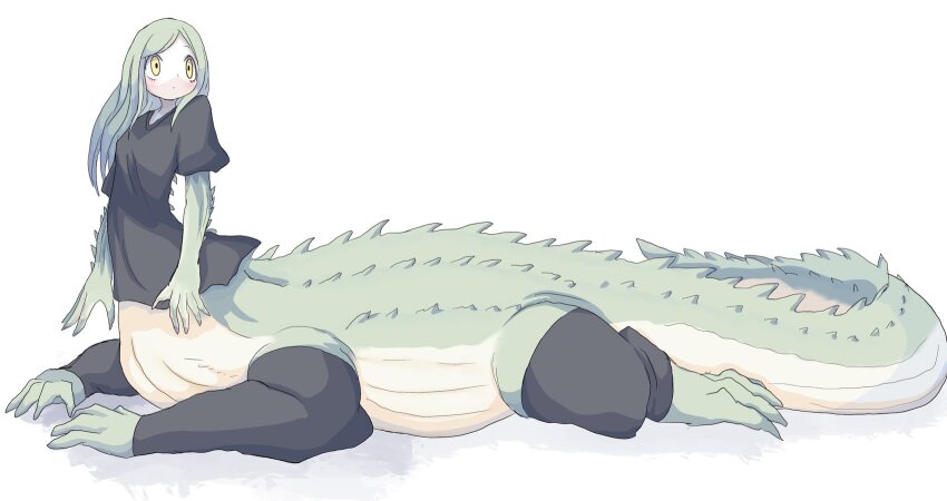 1girl, 4138, black_dress, centauroid, crocodilian_girl, detached_leggings, dress, expressionless