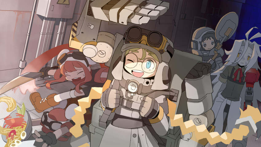 5girls, :d, alchemy_stars, antenna_hair, anzu_(alchemy_stars), black_hair, blonde_hair, blue_eyes, bowl, braid, character_request, falling, food, freckles, fried_egg, glasses, goggles, goggles_on_head, hair_between_eyes, helmet, highres, hotelblue, long_hair, momo_(alchemy_stars), multiple_girls, noodles, one_eye_closed, open_mouth, prosthesis, prosthetic_arm, ramen, red_hair, revy_(alchemy_stars), round_eyewear, sidelocks, smile, teeth, twin_braids, unimet_(alchemy_stars), upper_teeth_only, walking, white_hair, yellow_eyes