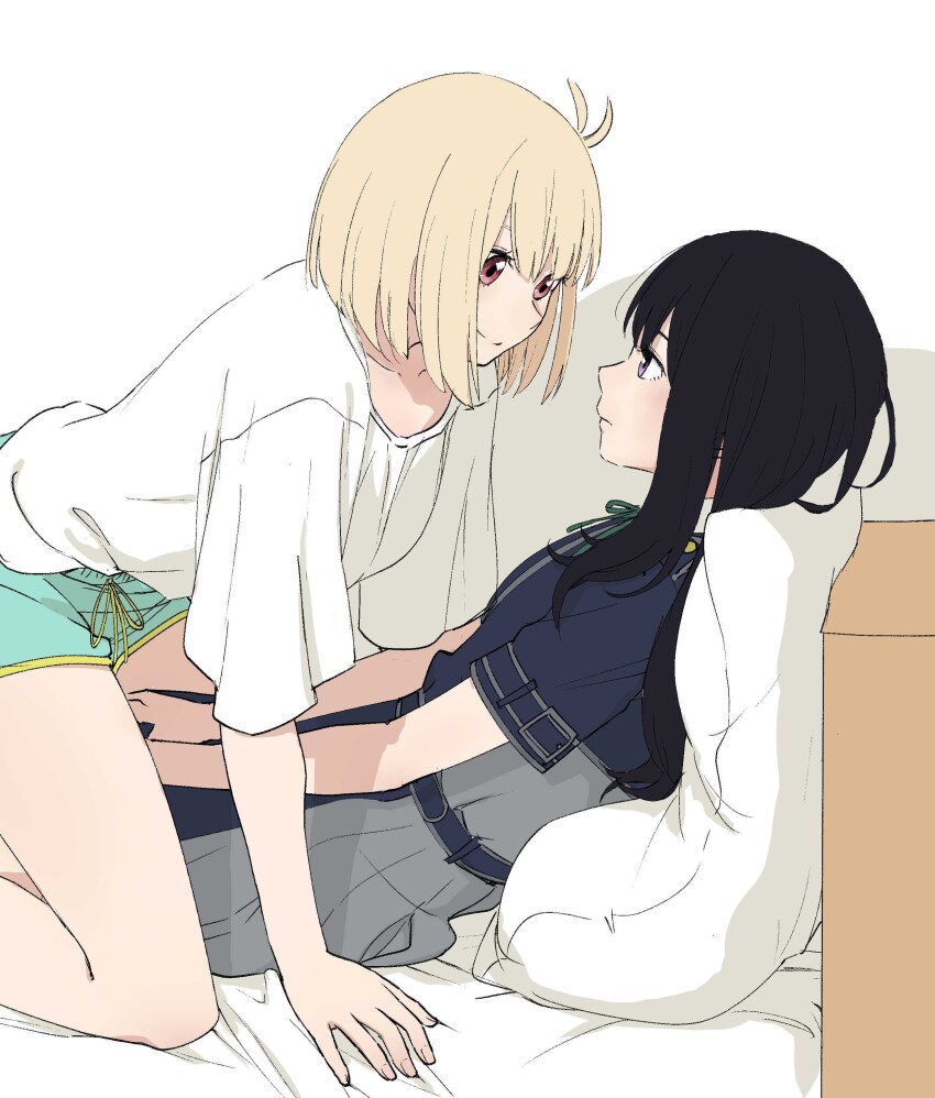 2girls, absurdres, aqua_ribbon, aqua_shorts, belt, black_hair, blonde_hair, blue_belt