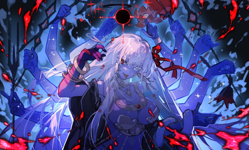 1girl, absurdres, bell, blue_eyes, blue_skin, bracelet, breasts, colored_skin