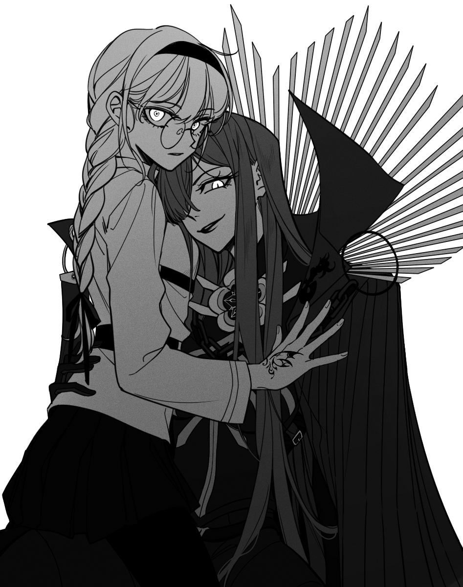 2girls, braid, braided_ponytail, breast_pillow, breasts, cape, chain, chaldea_uniform