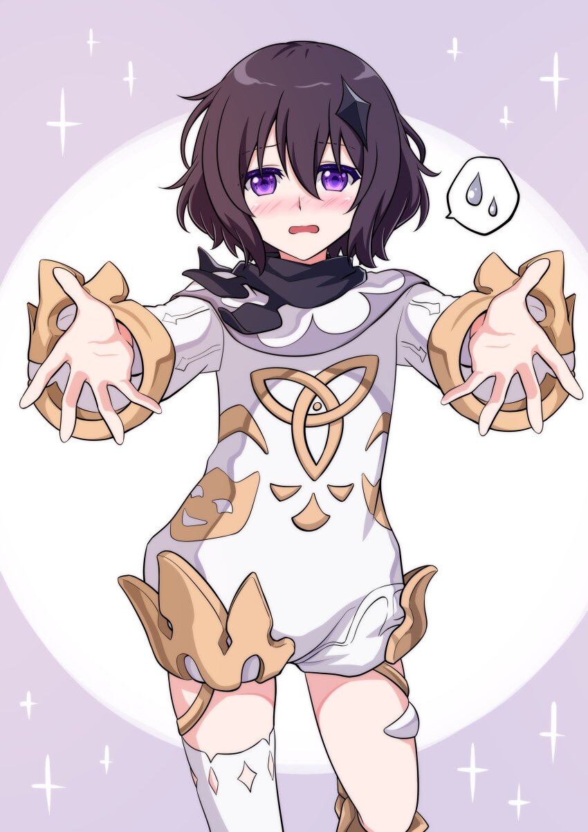 1girl, absurdres, blush, brown_hair, cosplay, dress, genshin_impact, hair_ornament