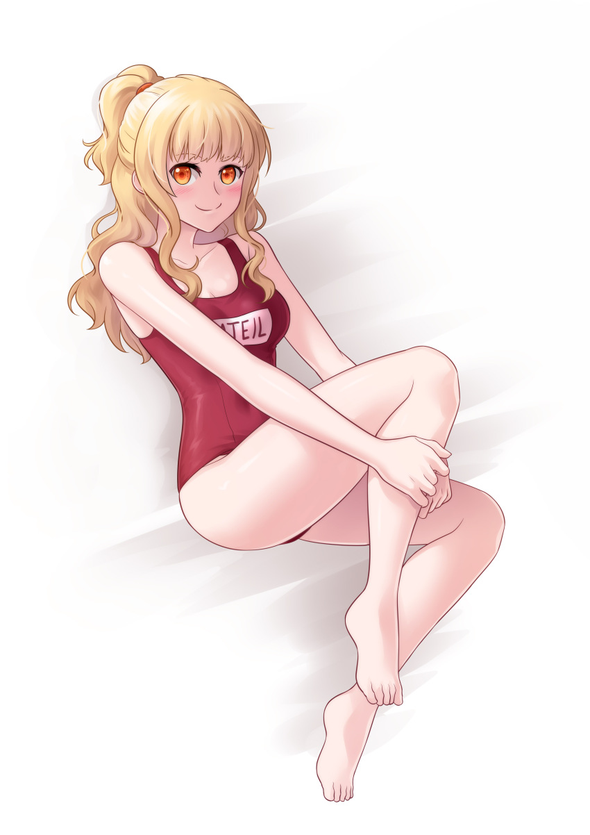 1girl, absurdres, ass, barefoot, blonde_hair, breasts, closed_mouth, feet