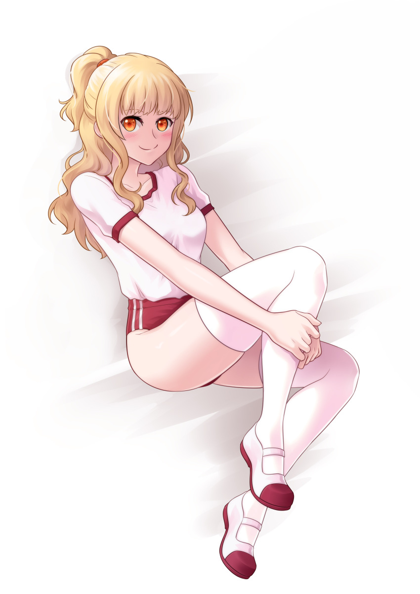 1girl, absurdres, ass, blonde_hair, breasts, closed_mouth, gym_uniform, highres