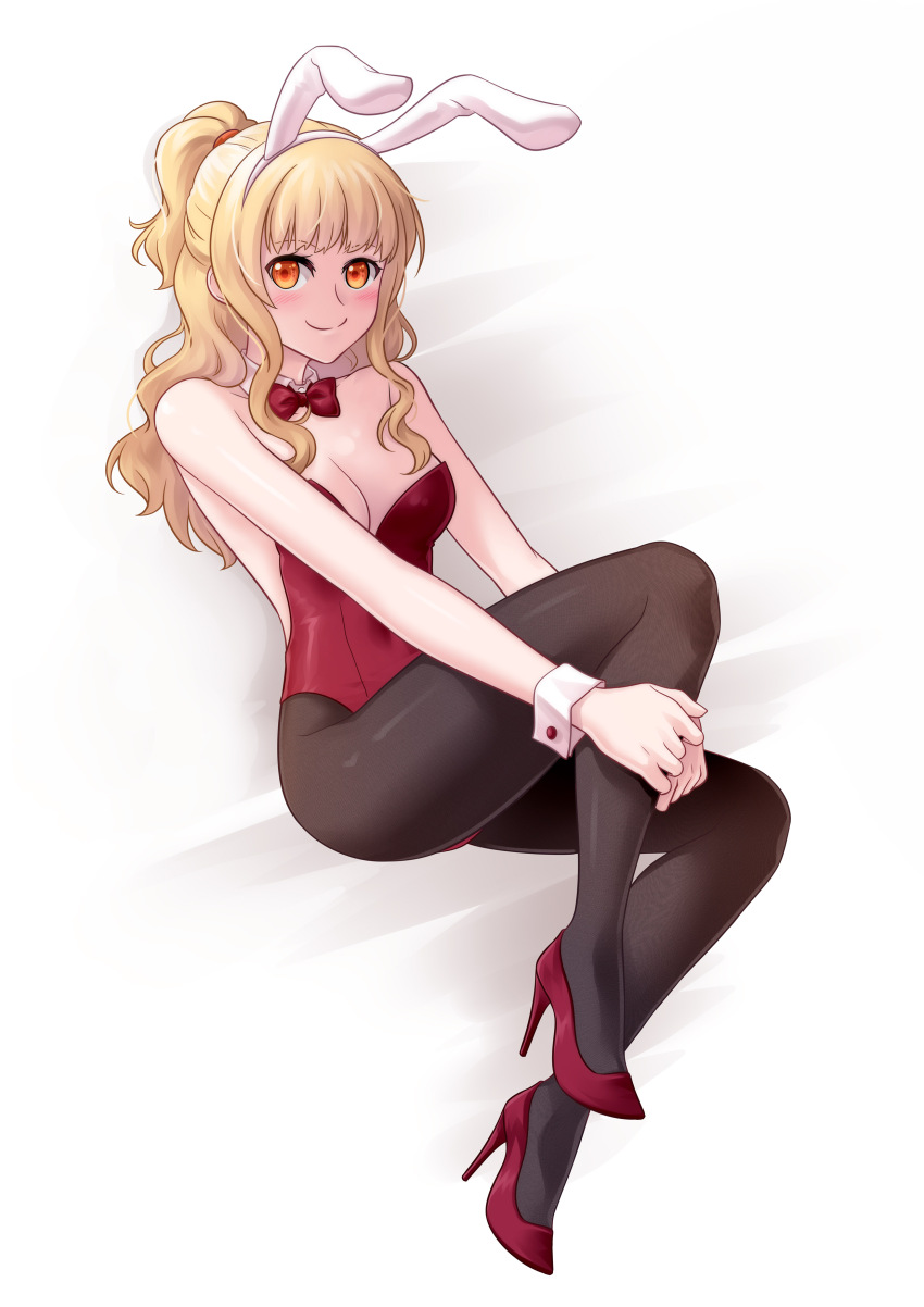 1girl, absurdres, blonde_hair, bow, bowtie, breasts, closed_mouth, high_heels