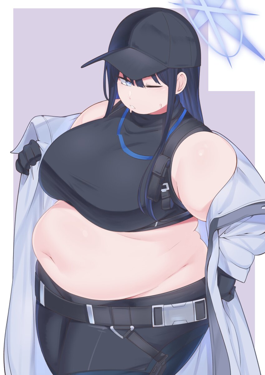 1girl, absurdres, alternate_body_size, bare_shoulders, baseball_cap, belly, belt, bifizu's_gold