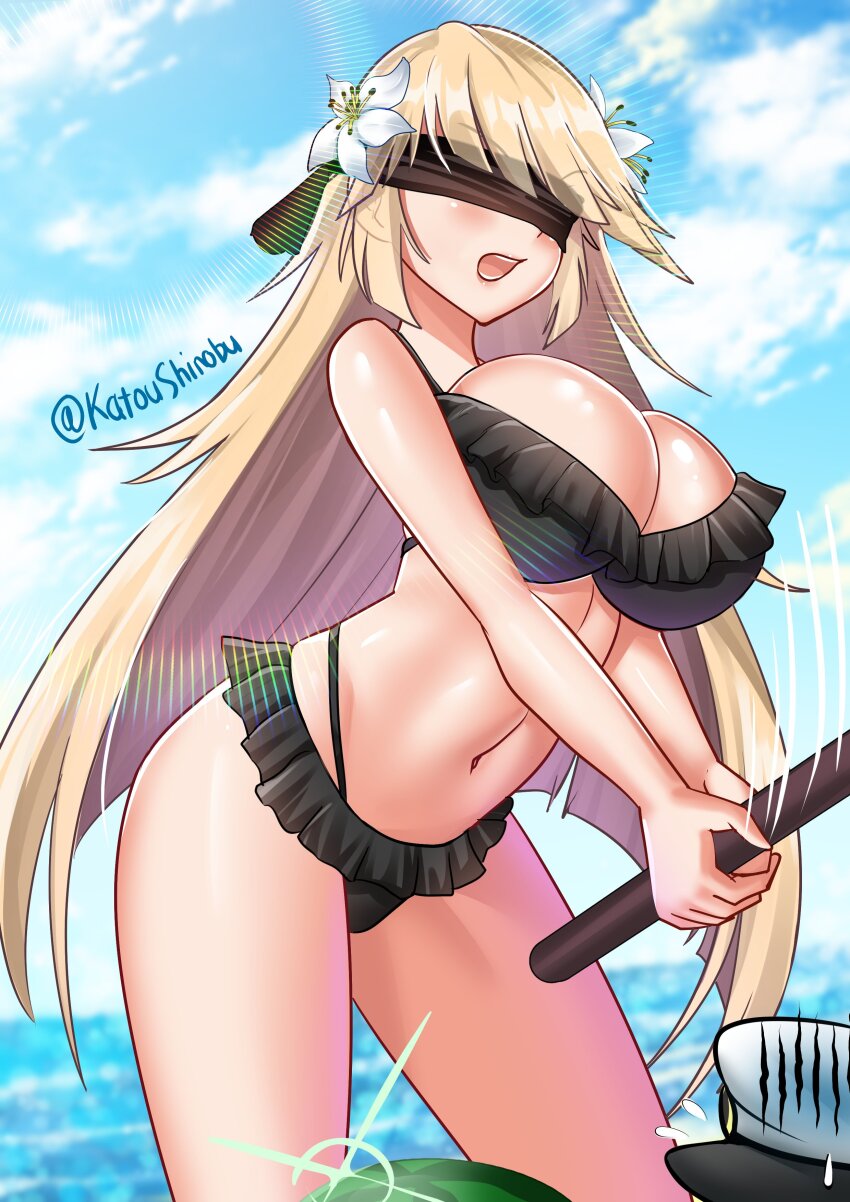 1girl, absurdres, admiral_(kancolle), beach, bikini, black_bikini, blindfold, blonde_hair