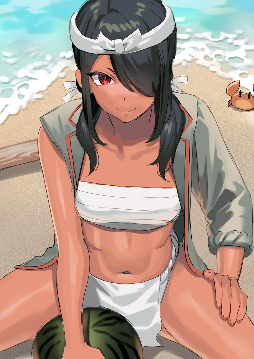 1girl, akagi_kurage, black_hair, black_shorts, breasts, chest_sarashi, ecchuu_fundoshi, food