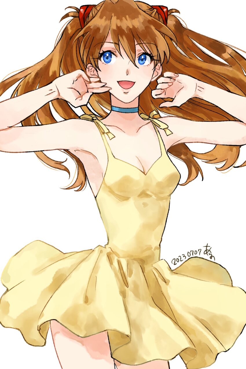 1girl, 2023, :d, arano_nknk, bare_arms, bare_legs, bare_shoulders, blue_choker, blue_eyes, choker, dated, dress, female_focus, floating_hair, hair_ornament, highres, interface_headset_(evangelion), long_hair, looking_to_the_side, mecha_pilot_suit, neon_genesis_evangelion, official_alternate_costume, open_mouth, orange_hair, plugsuit_(evangelion), shiny_skin, simple_background, smile, solo, souryuu_asuka_langley, standing, sundress, twintails, white_background, yellow_dress