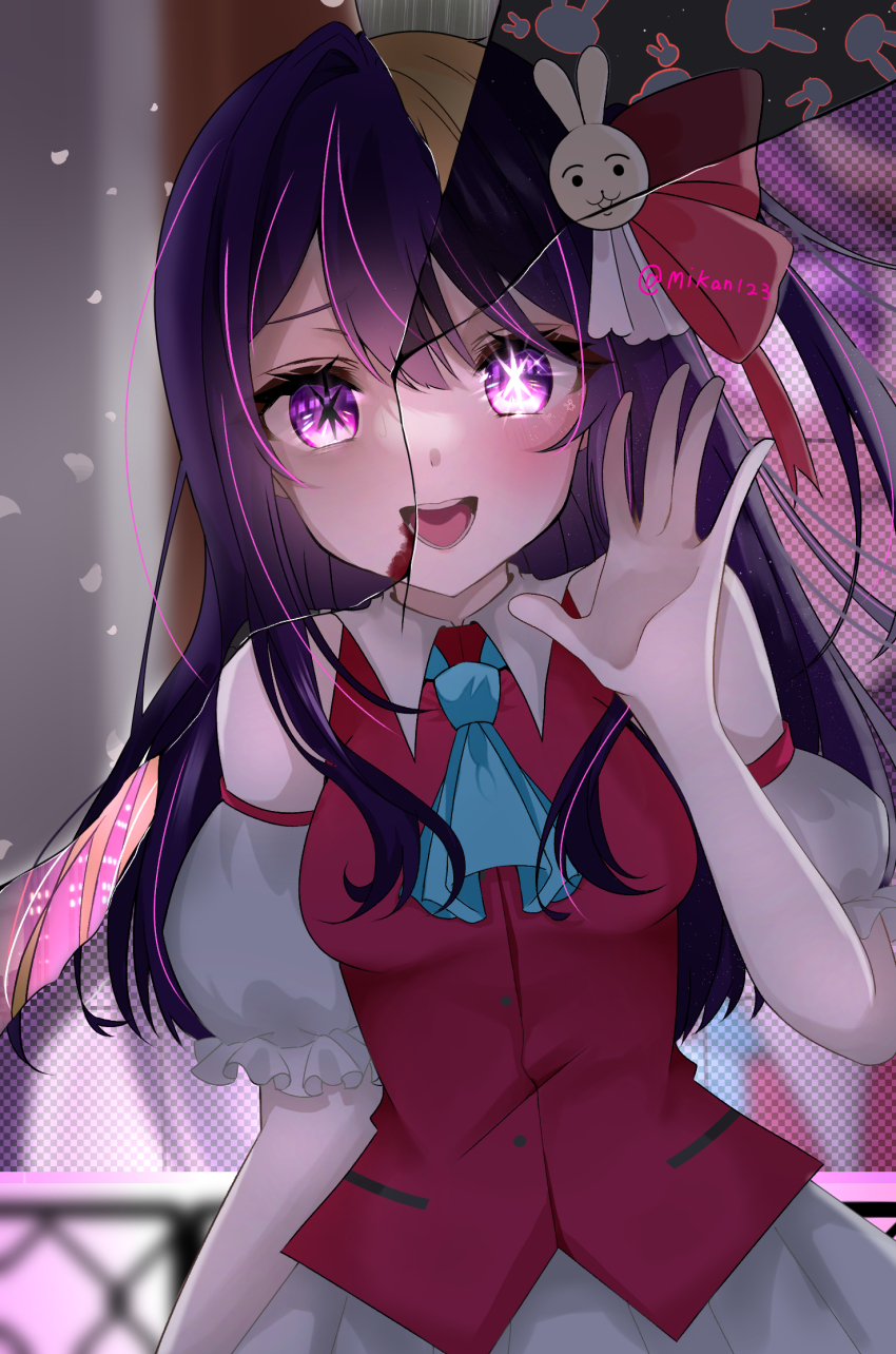 1girl, ascot, bare_shoulders, blonde_hair, blood, blood_from_mouth, blue_ascot, collared_shirt