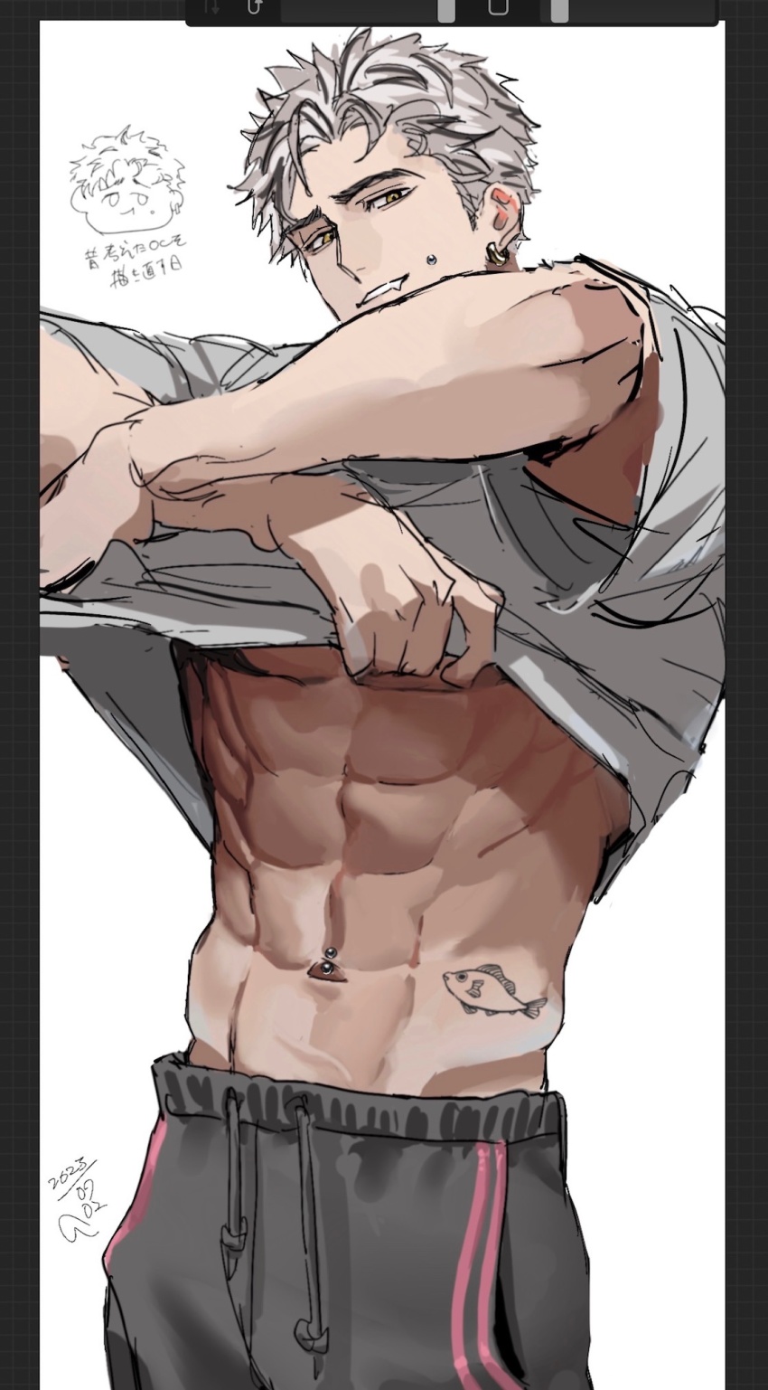 003_ssq, 1boy, abs, bara, beckoning, earrings, fish_tattoo, grey_hair