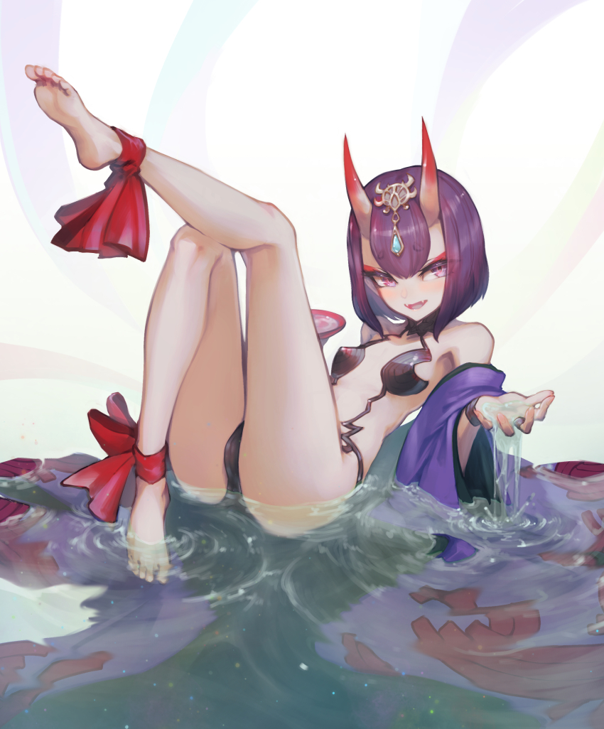 1girl, absurdres, alcohol, ankle_ribbon, bare_legs, barefoot, blush, bob_cut, breasts, clothes_down, commentary_request, cup, eyeliner, fangs, fate/grand_order, fate_(series), feet, full_body, headpiece, highres, horns, japanese_clothes, kanbara_erika, kimono, leg_ribbon, leg_up, legs, looking_at_viewer, makeup, oni, open_mouth, purple_eyes, purple_hair, purple_kimono, red_ribbon, revealing_clothes, ribbon, sakazuki, sake, short_eyebrows, short_hair, shuten_douji_(fate), skin-covered_horns, small_breasts, smile, soles, solo, toes